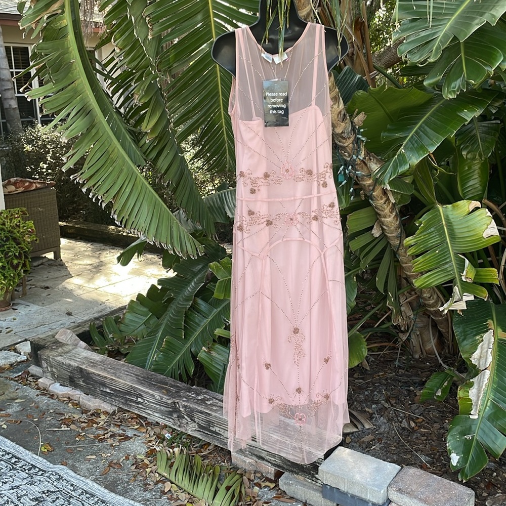 Newport News sheer beaded two piece drop waist asymmetric, sheer dress - Picture 5 of 11